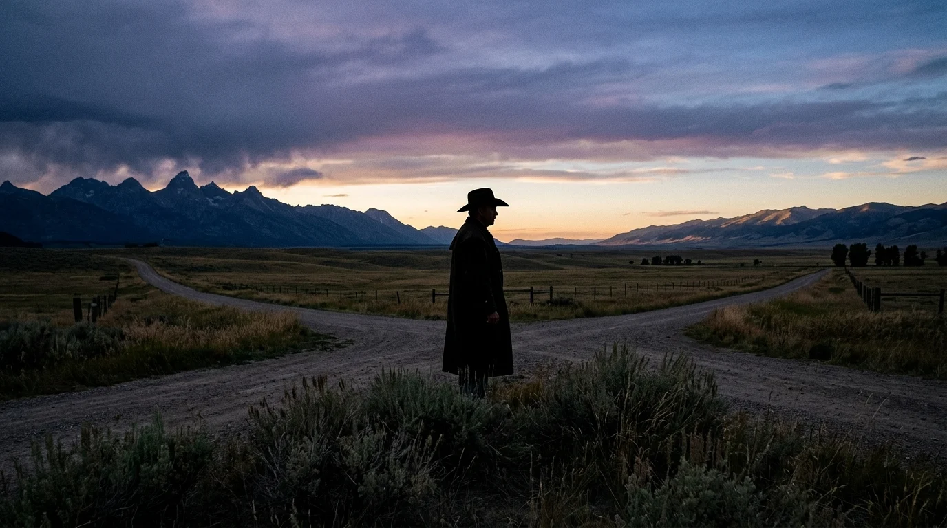 Silhouette of a man at a crossroads in a Montana landscape.