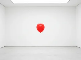 A red balloon floating in a minimalist white room.