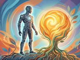 A conceptual art piece depicting a robotic figure beside a bright sun.