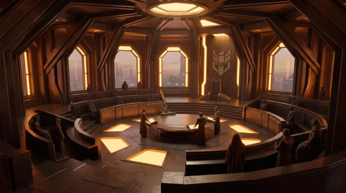 A conceptual sci-fi council hall with sharp architecture and amber lighting.