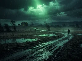 A mysterious green glow illuminating a dark rural road at night.