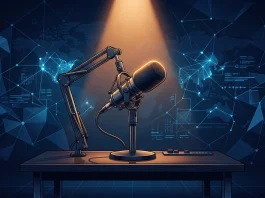 Conceptual illustration of a late-night talk show microphone and spotlight.
