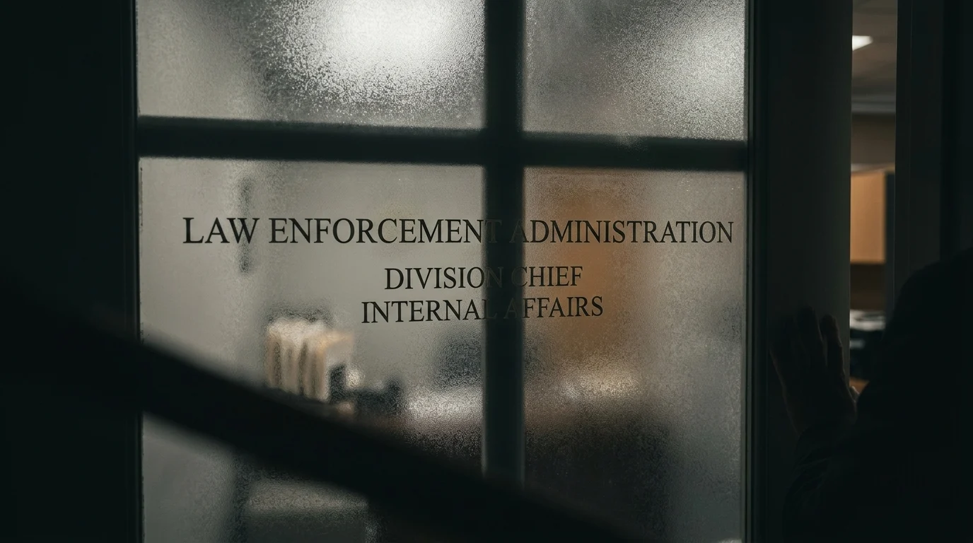 Conceptual image of an office door in shadow.