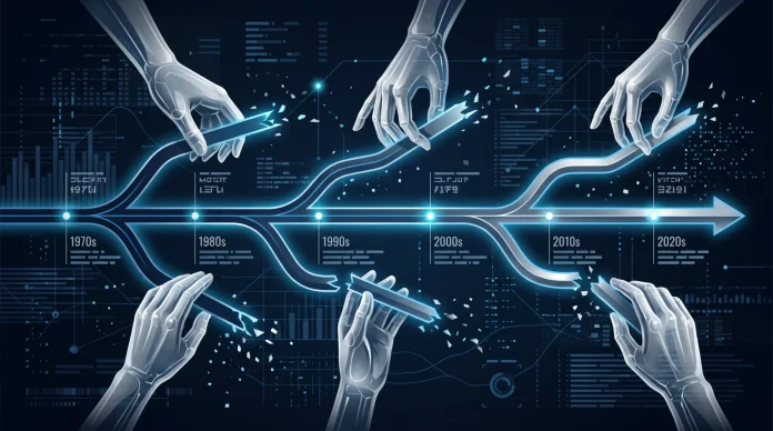 A conceptual digital illustration of a timeline representing historical data archives.