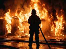 Silhouette of a firefighter against an intense wall of fire.