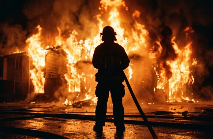 Silhouette of a firefighter against an intense wall of fire.