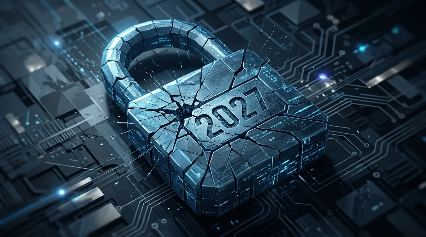 Windows Server 2016 End of Support: IT Migration Guide to Server 2025 1 Abstract fractured digital padlock representing security vulnerabilities.