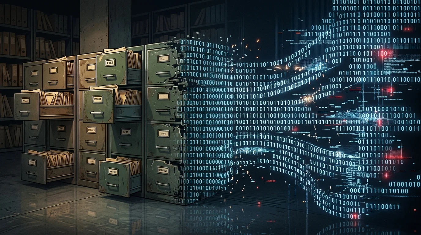 Conceptual image of archive files transitioning into digital code.