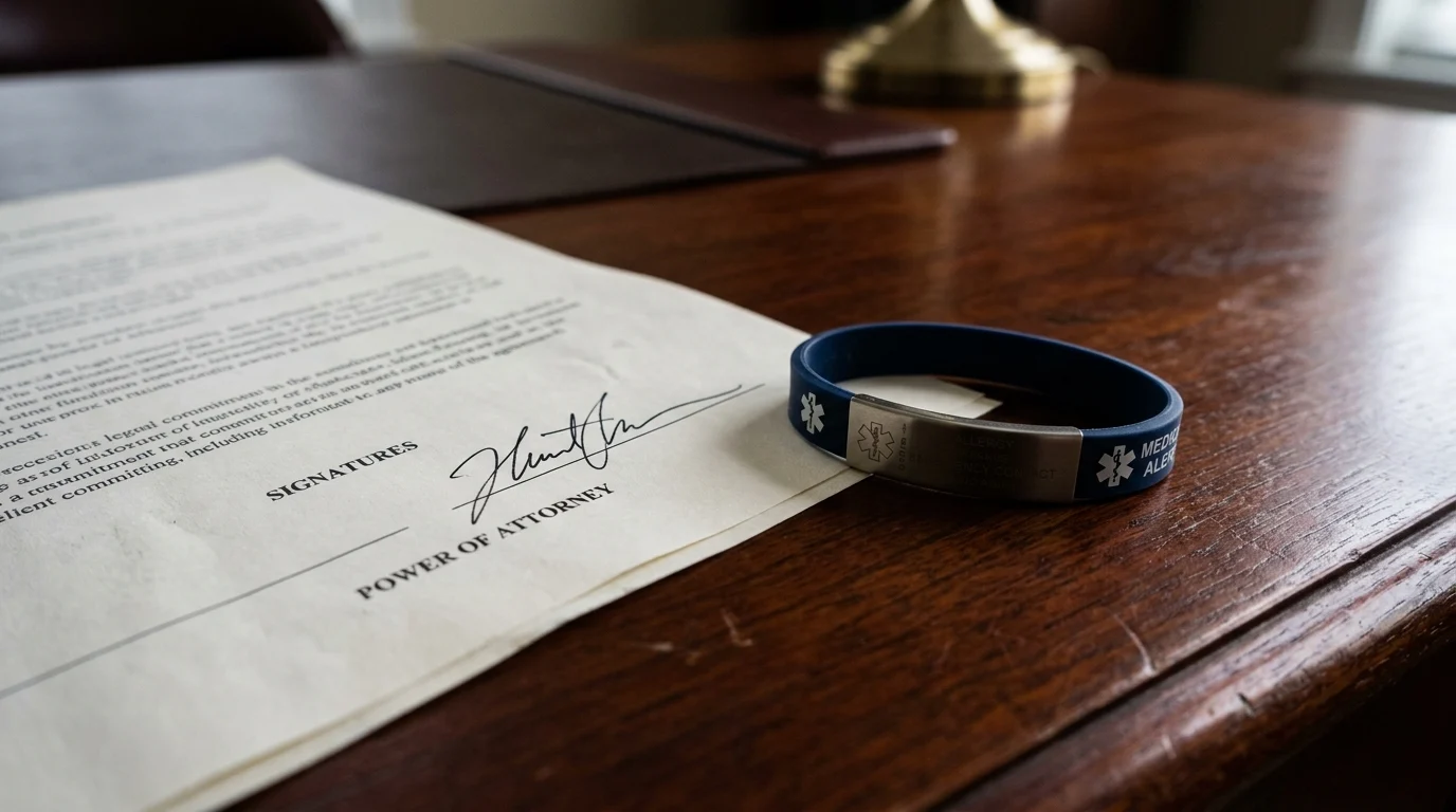 Conceptual image of legal documents and a medical bracelet.