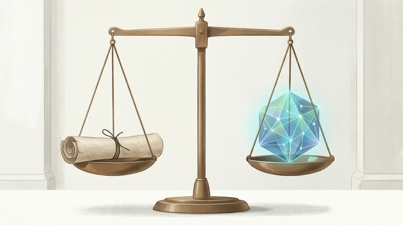 A conceptual illustration of scales balancing a paper scroll and a digital geometric shape.