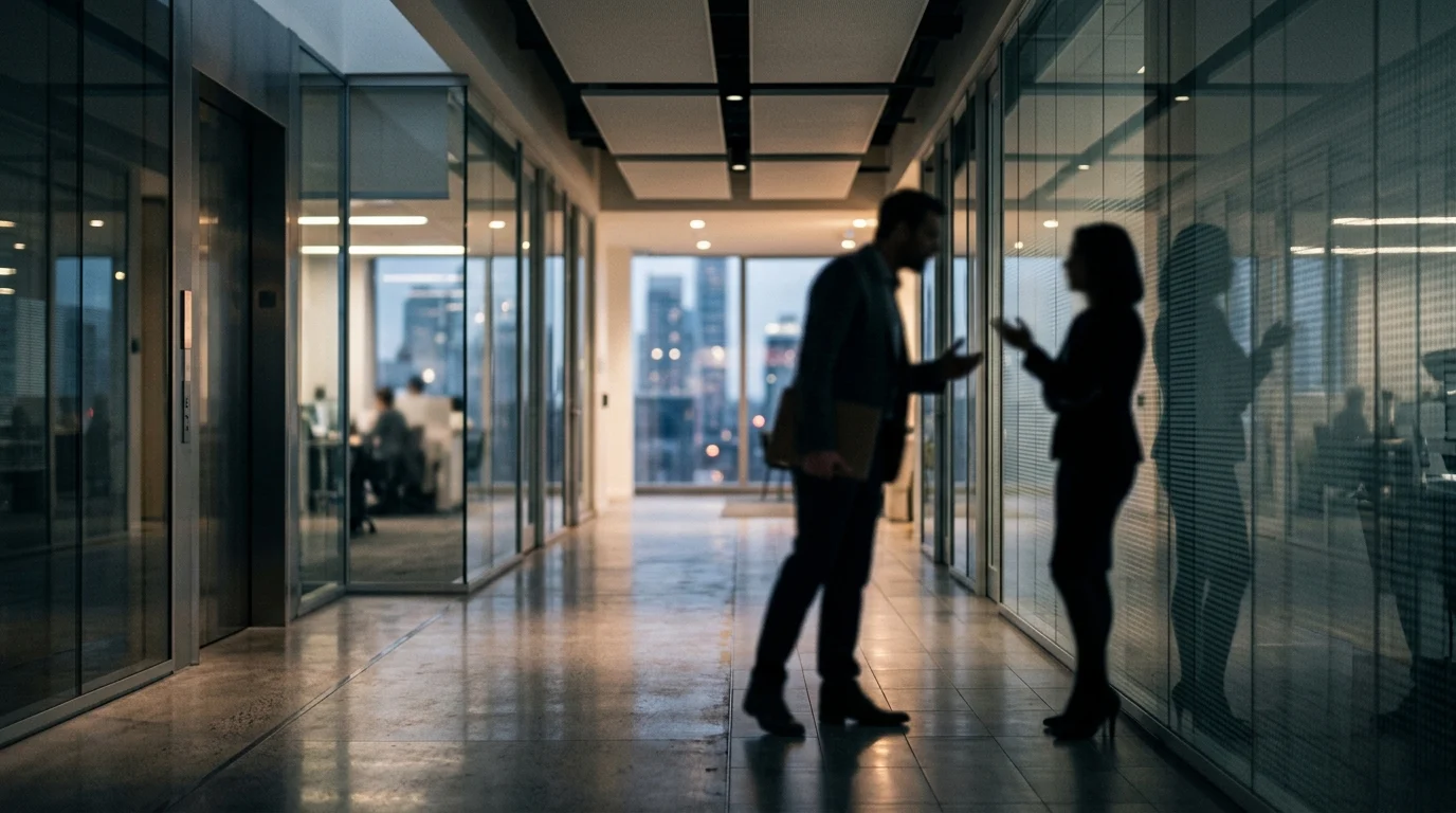 Blurred professional figures in a modern architectural space.