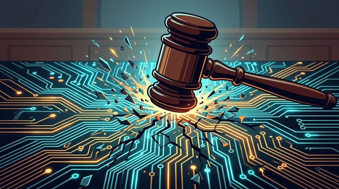 An abstract digital motherboard being struck by a gavel.