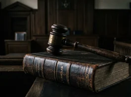 A wooden gavel resting on a legal book in a dimly lit setting.