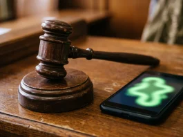 A wooden judge's gavel next to a glowing smartphone showing an abstract green figure.
