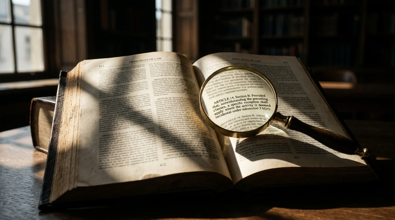 A magnifying glass focusing on text in an open law book.