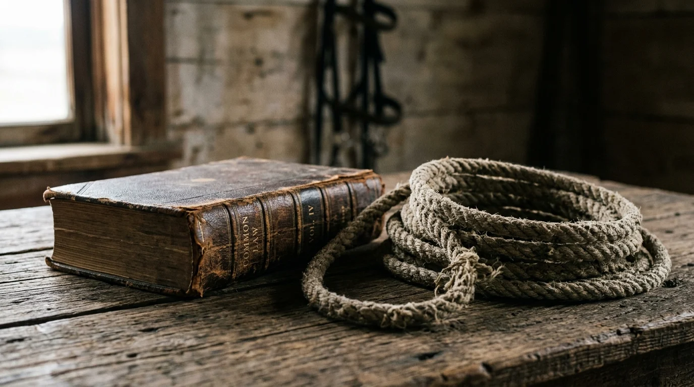 A law book and a rope on a rustic table representing a legal procedural western.