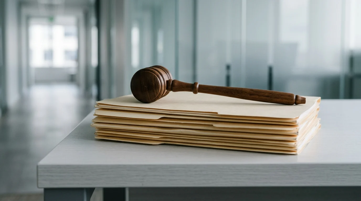 A stack of legal files and a gavel.
