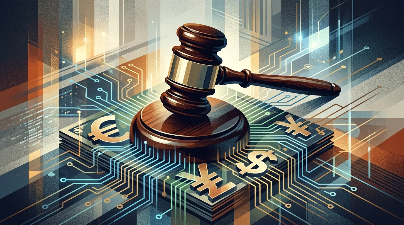 A conceptual gavel and digital patterns representing a tech legal settlement.