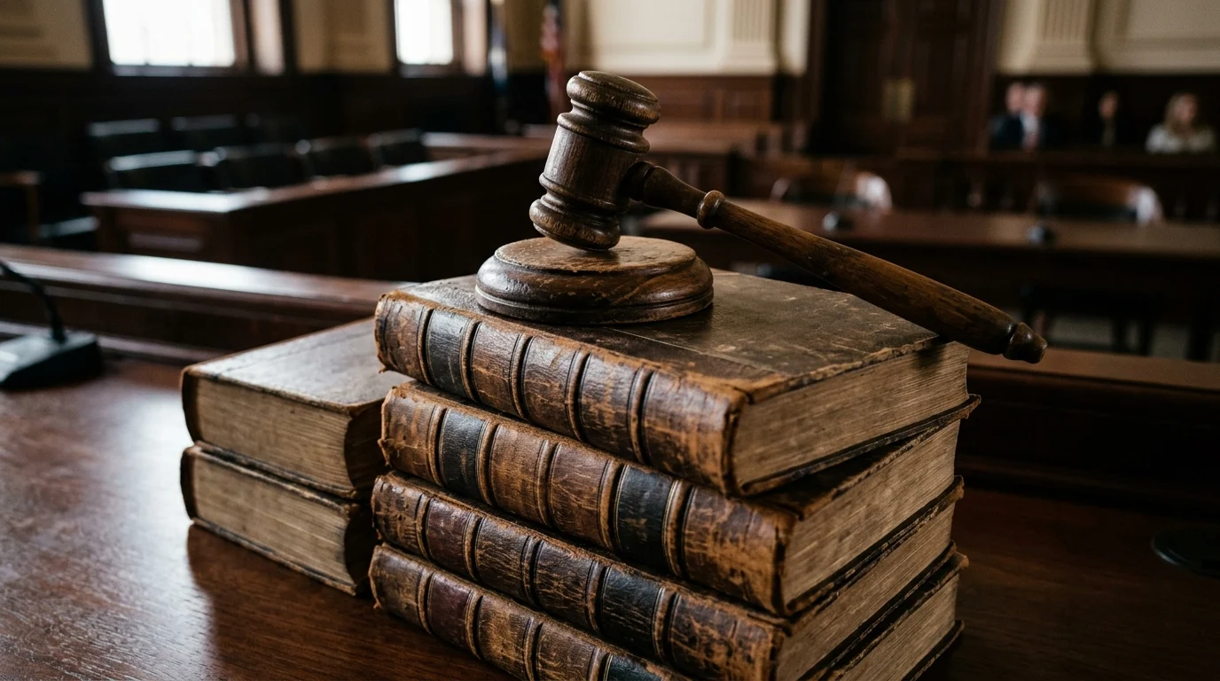 Close-up of a gavel and law books in a courtroom setting.