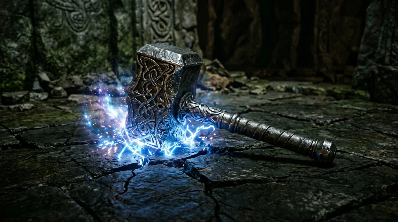 A conceptual depiction of a legendary metallic hammer with blue electrical sparks.