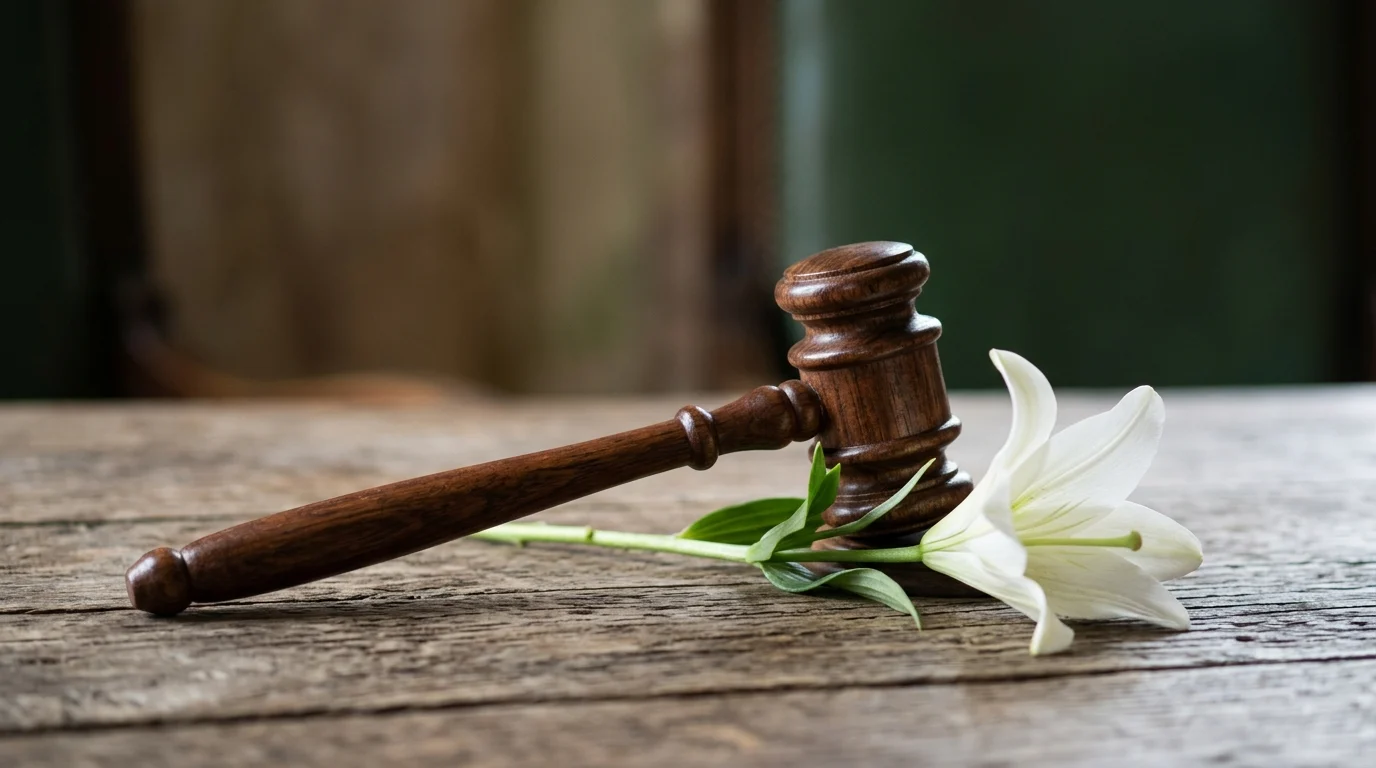 A gavel and a white lily on a wooden surface.