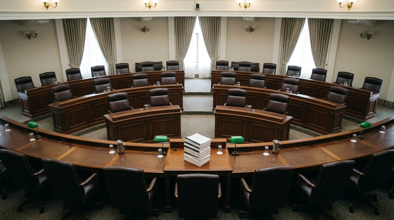 A courtroom or legislative hearing room setting representing regulatory oversight.