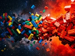A conceptual image of interlocking red and black building bricks representing a franchise crossover.