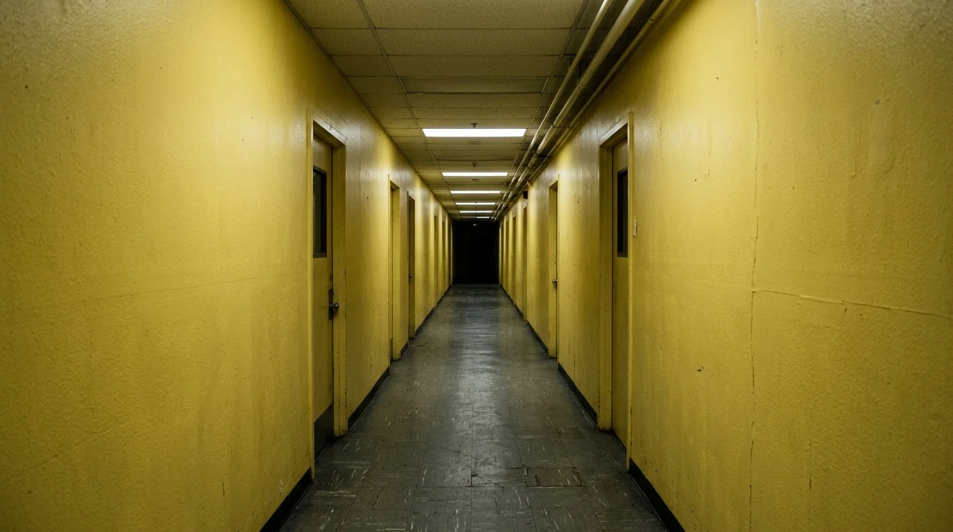 Conceptual depiction of a liminal, endless yellow corridor.
