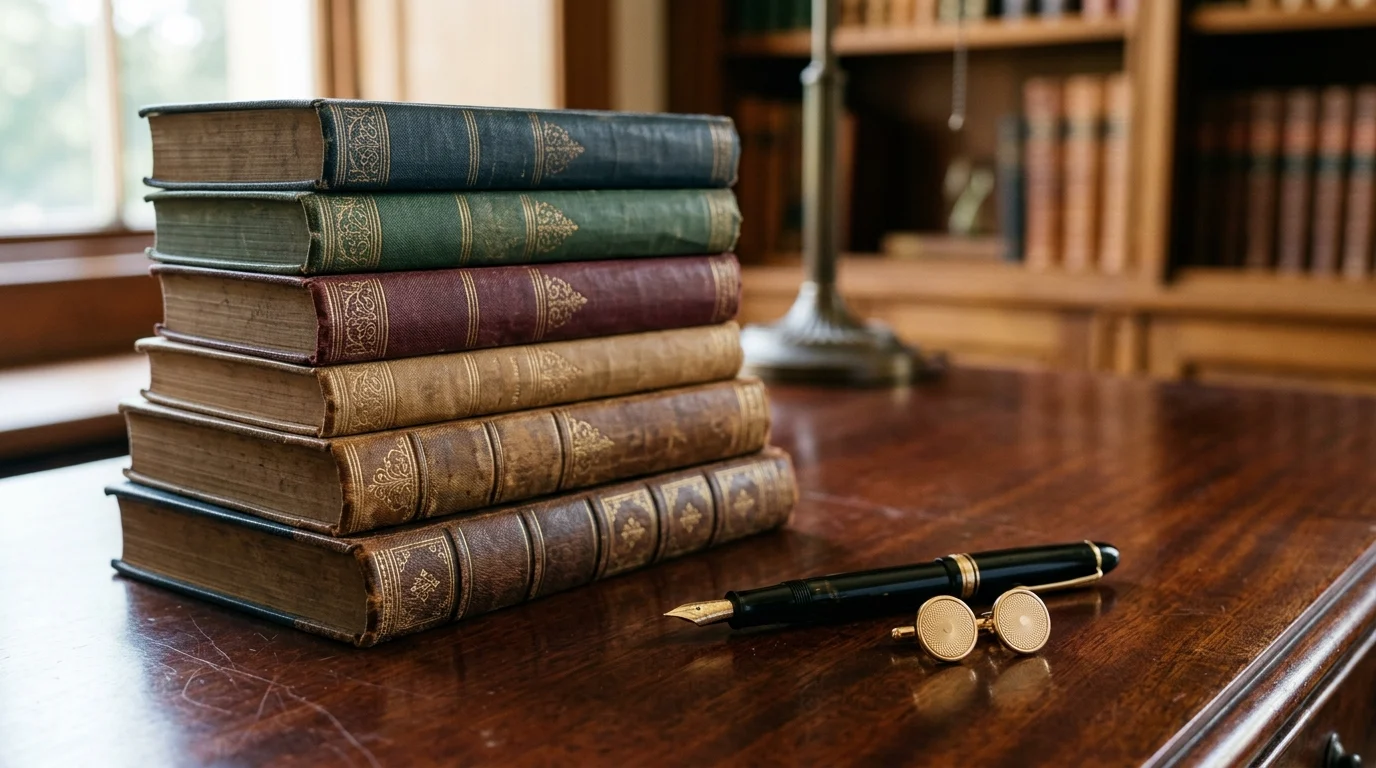 A stack of books and formal gentlemen's accessories on a desk.