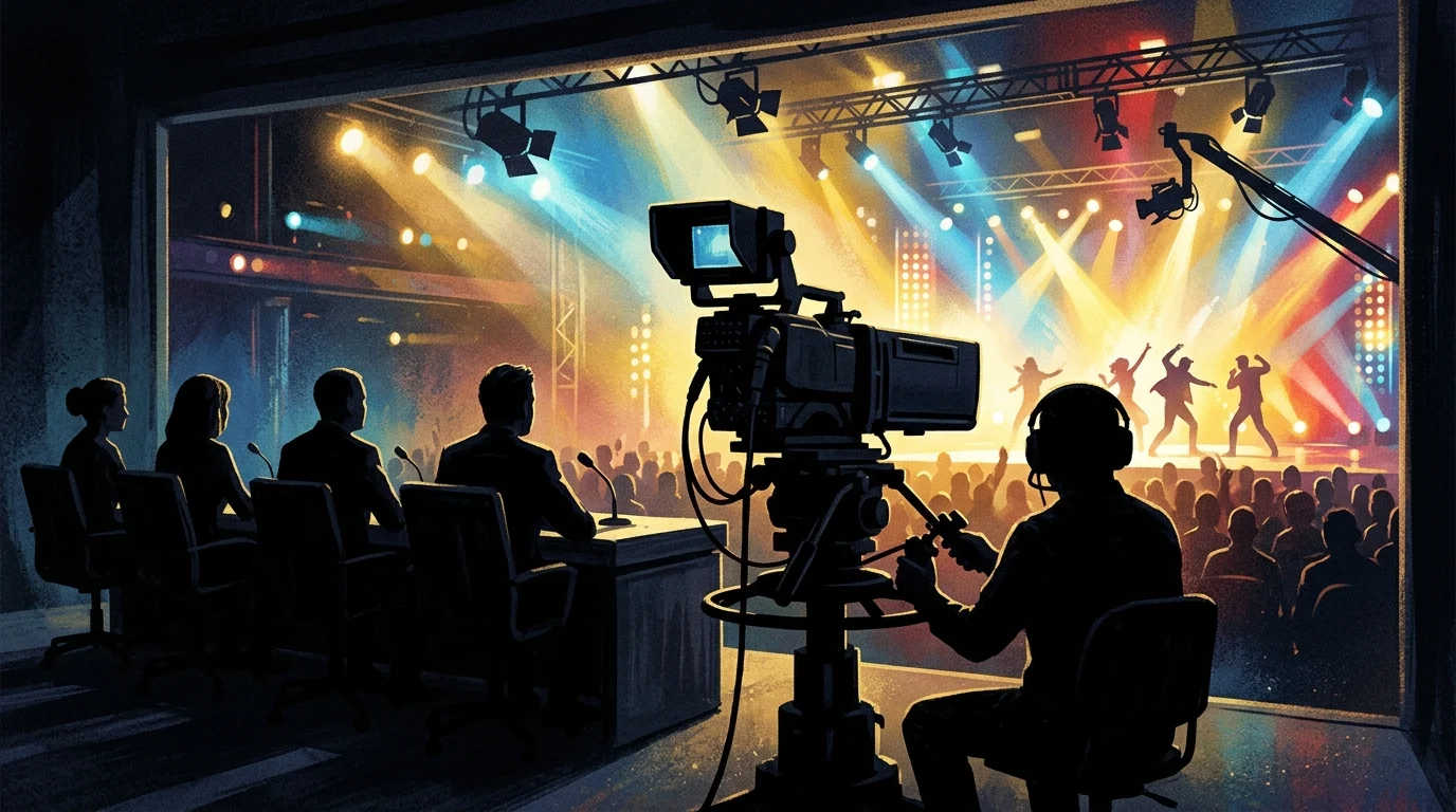 Silhouette of a television camera in a bright studio environment