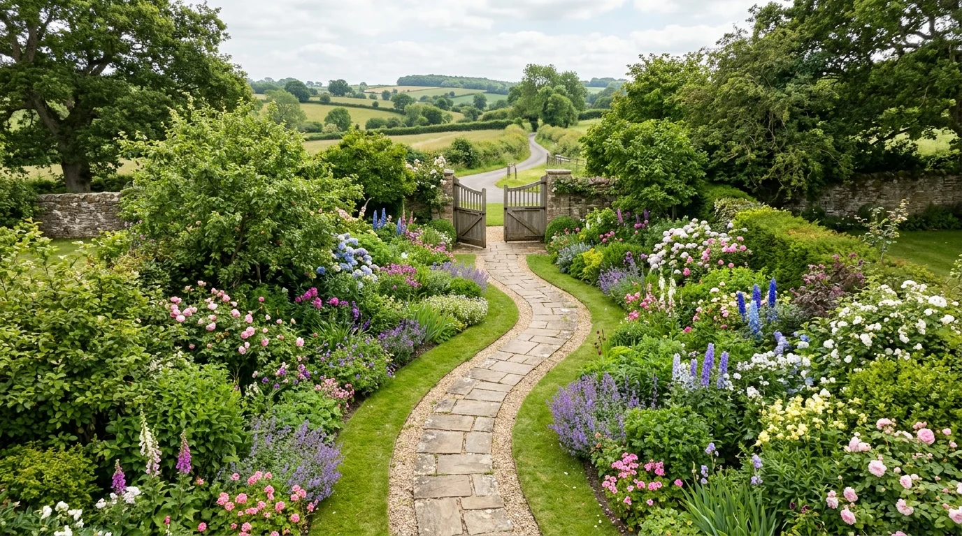 A brick path through a manicured English garden leading to a gate.