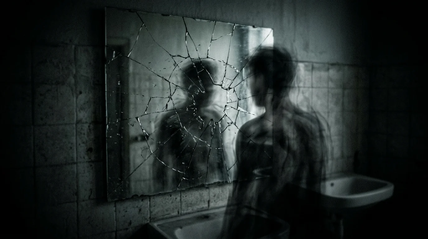 A blurry silhouette in a cracked mirror representing a legacy character's hallucination.