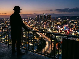 Conceptual silhouette of a detective overlooking a Los Angeles city skyline at sunset.