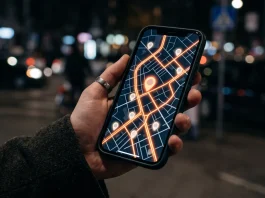 A conceptual digital map on a smartphone screen illustrating urban transport routes.