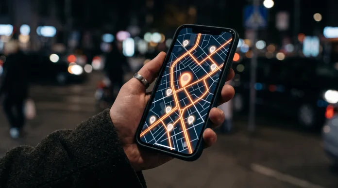 A conceptual digital map on a smartphone screen illustrating urban transport routes.