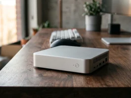 A silver compact desktop computer in a modern setting.
