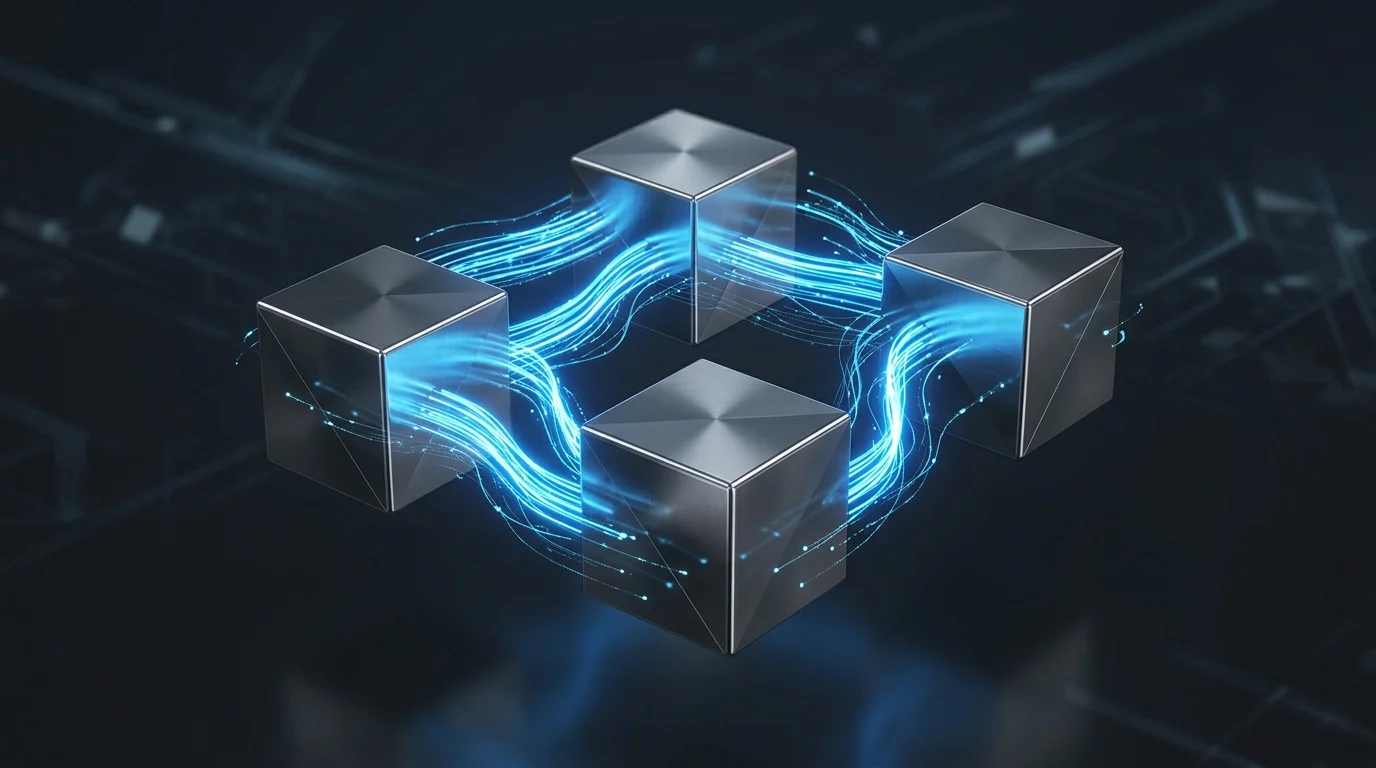 Conceptual illustration of four computer nodes connected by light paths.