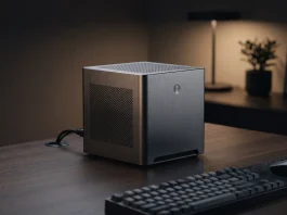 A minimalist square metallic desktop computer on a professional workspace.