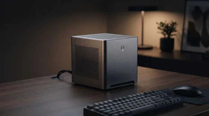 A minimalist square metallic desktop computer on a professional workspace.