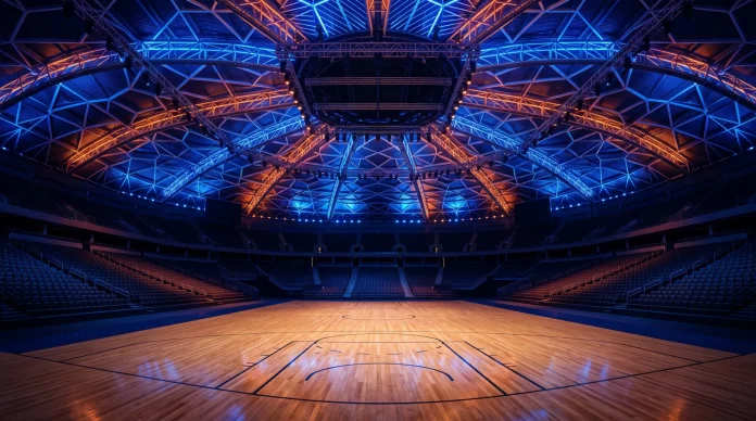 A conceptual view of a basketball arena interior with blue and orange lighting.