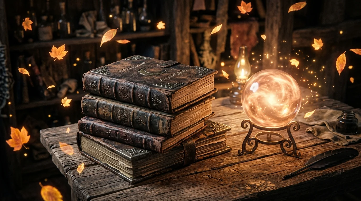 Magical spellbooks and a crystal ball on a table with autumn leaves.