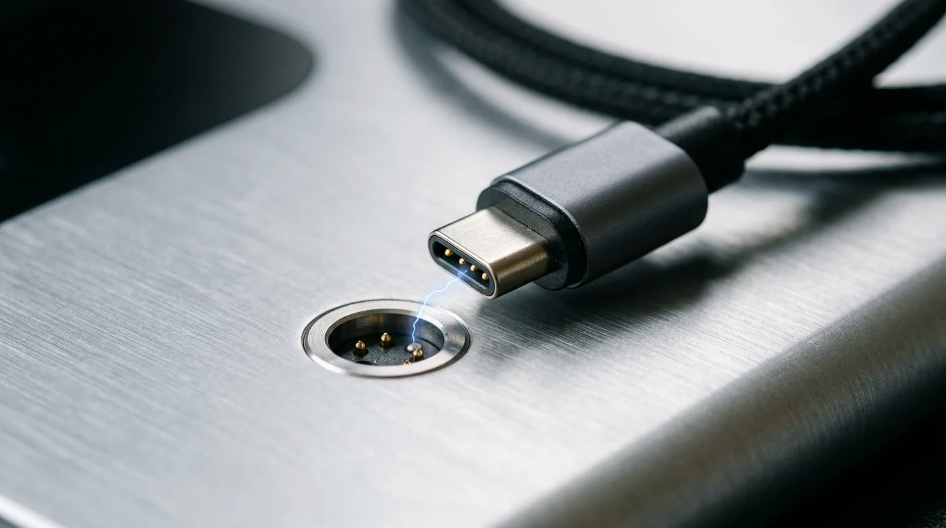 Conceptual close-up of a magnetic charging connection.