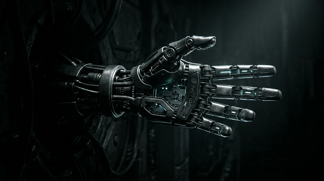 A robotic metallic hand emerging from shadows with glowing green circuits.