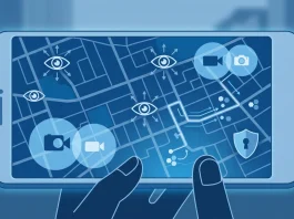 A conceptual mobile map interface showing icons that indicate the locations of surveillance cameras.