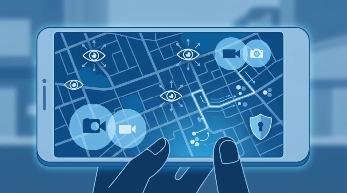 A conceptual mobile map interface showing icons that indicate the locations of surveillance cameras.