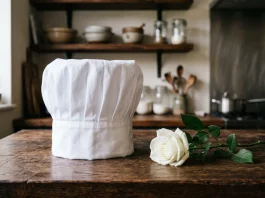 A chef's hat and a white rose on a kitchen counter symbolizing the loss of a culinary figure.