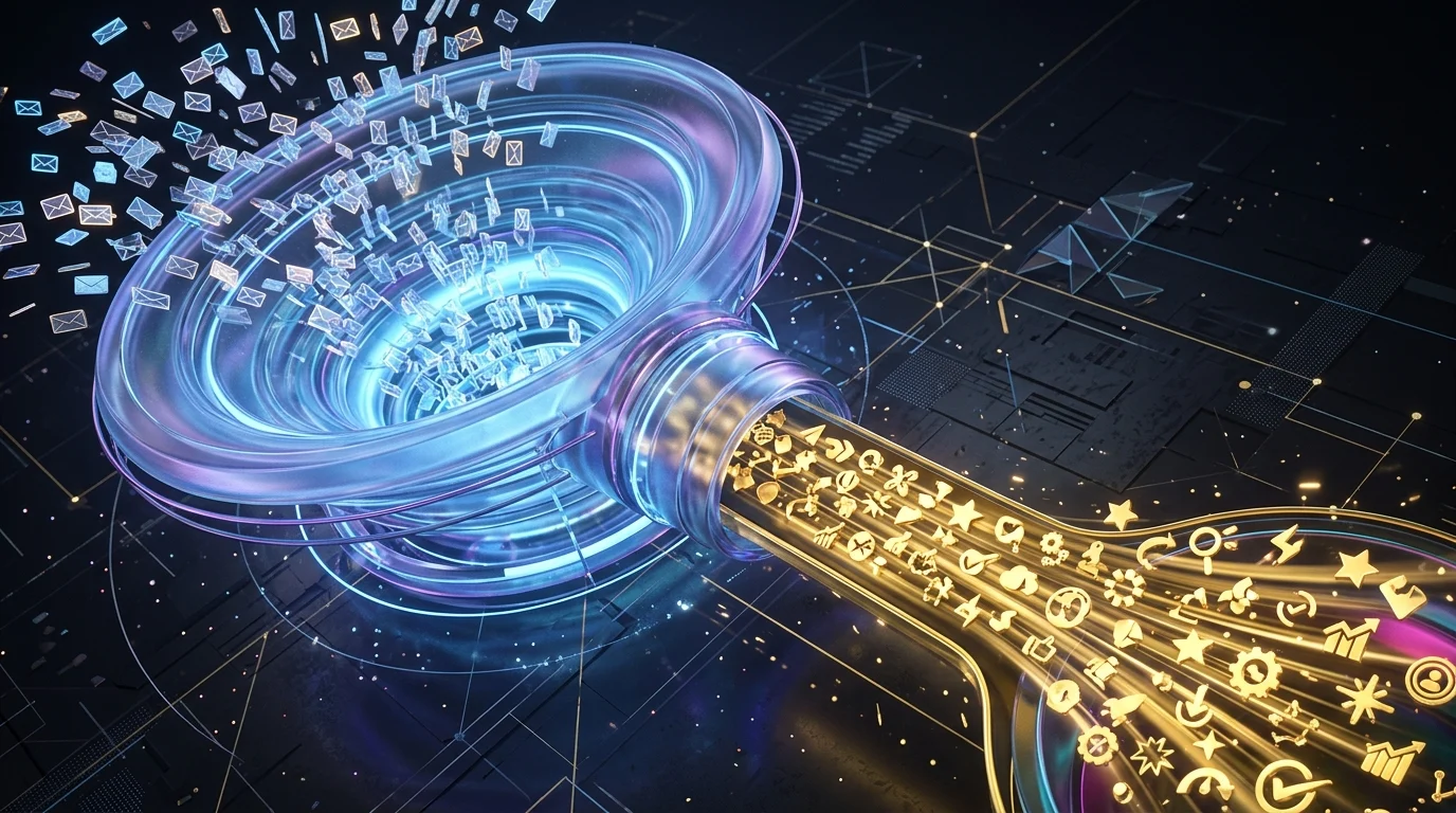 Abstract visualization of a marketing funnel turning high-volume communication into successful brand partnerships.