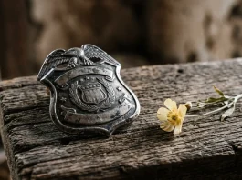 A silver marshal's badge and a dried wildflower on a wooden table.