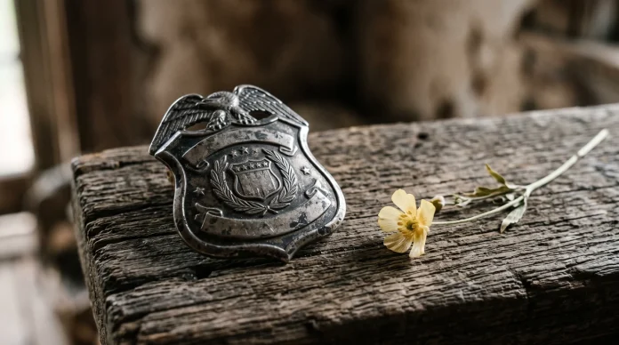 A silver marshal's badge and a dried wildflower on a wooden table.