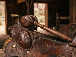 A wooden gavel resting on a leather saddle symbolizing a legal drama transition.